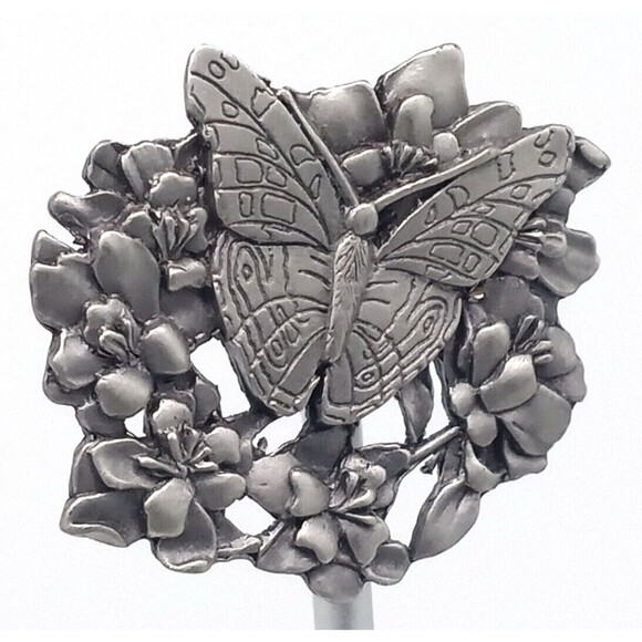 Butterfly and Flowers Brooch Scatter Pin Pewter Metal Birds & Bloom 1998 Vintage - Picture 2 of 12